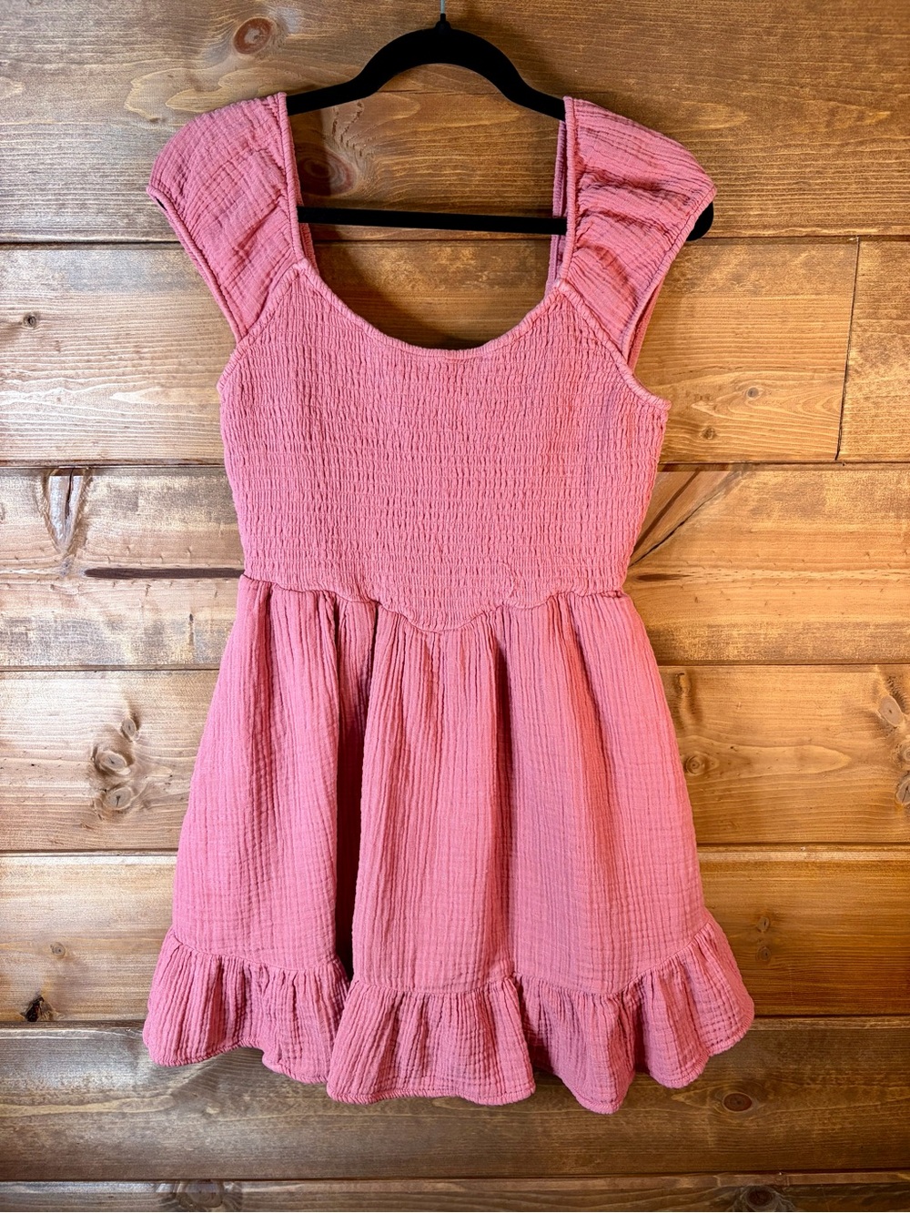 American Eagle Outfitters Pink Smocked Bodice Ruffle-Hem Gauze Mini Dress Small